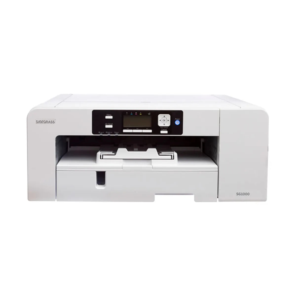 White sublimation printer with digital display on a white background