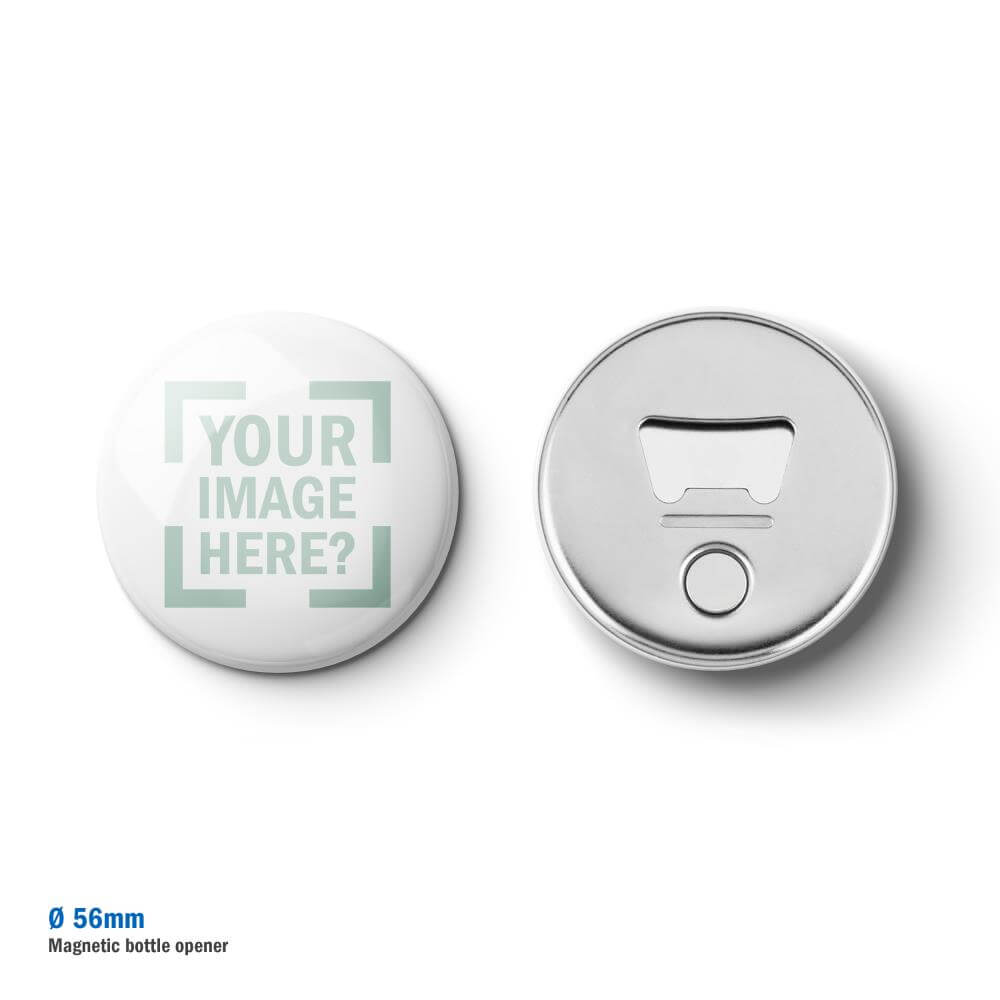 Bottle Opener Button Ø56 mm, With Magnet, Nickel Your Image Here