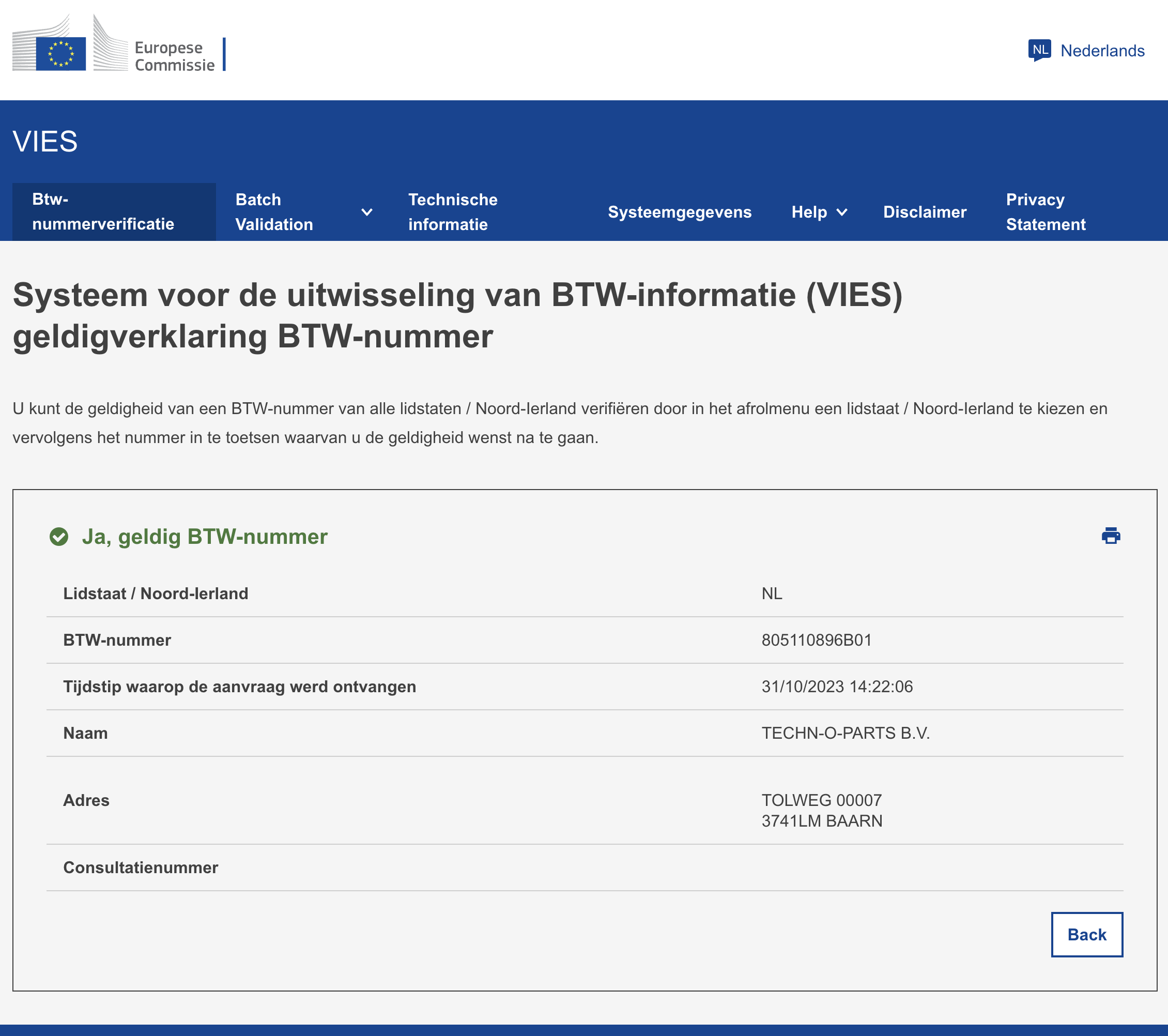 VAT number VIES-Check is correct Technotape International NL